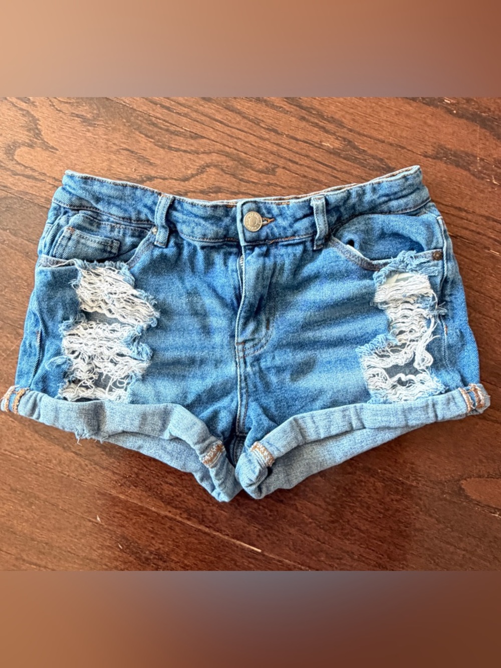 Almost Famous Distressed Denim Shorts Size 7 Mid Rise Cuffed Festival Summer